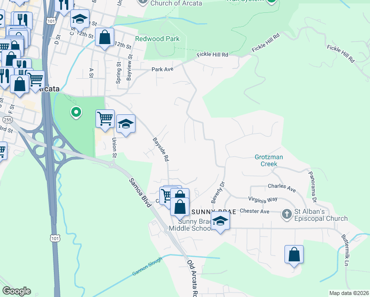 map of restaurants, bars, coffee shops, grocery stores, and more near 794 Patrick Court in Arcata