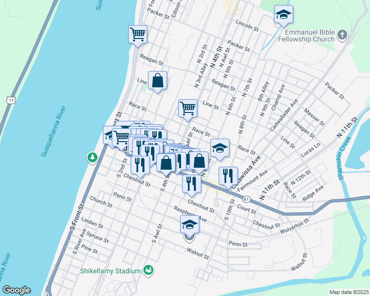map of restaurants, bars, coffee shops, grocery stores, and more near 419 Awl Street in Sunbury