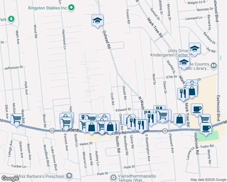 map of restaurants, bars, coffee shops, grocery stores, and more near 67 Oxhead Road in Centereach