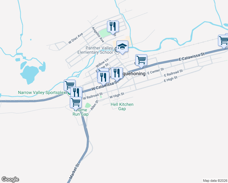 map of restaurants, bars, coffee shops, grocery stores, and more near 106 West Railroad Street in Nesquehoning