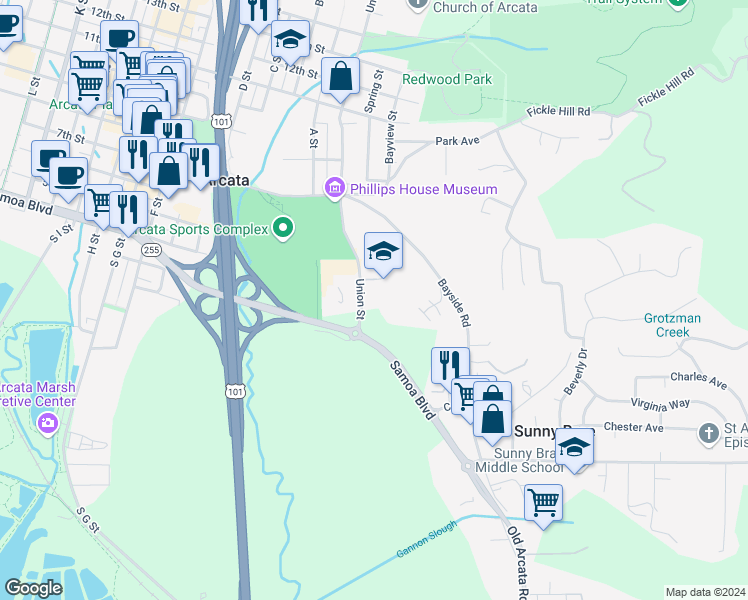 map of restaurants, bars, coffee shops, grocery stores, and more near in Arcata