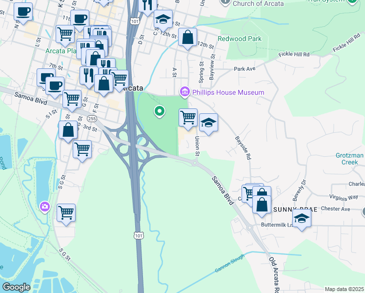 map of restaurants, bars, coffee shops, grocery stores, and more near 455 Union Street in Arcata