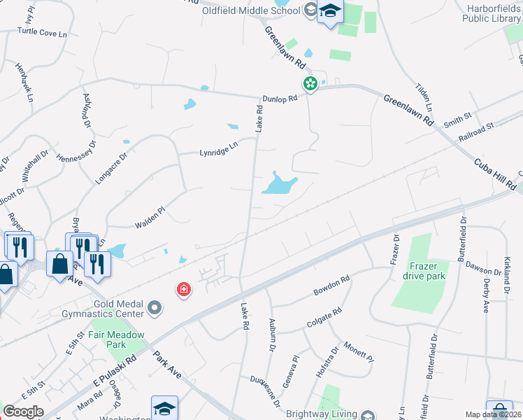 map of restaurants, bars, coffee shops, grocery stores, and more near 5 Lakeridge Drive in Huntington