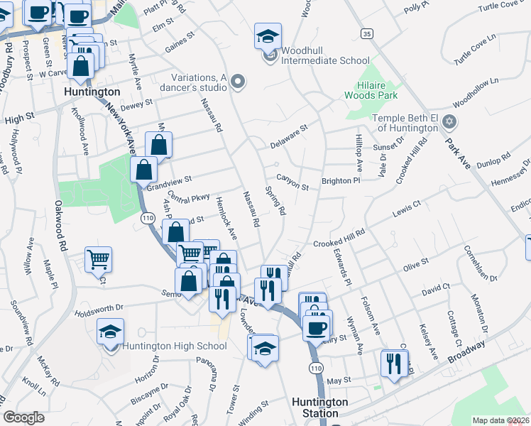 map of restaurants, bars, coffee shops, grocery stores, and more near 302 Spring Road in Huntington