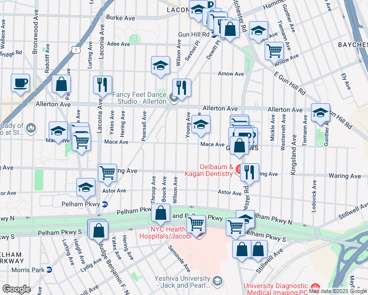 map of restaurants, bars, coffee shops, grocery stores, and more near 1325 Mace Avenue in Bronx
