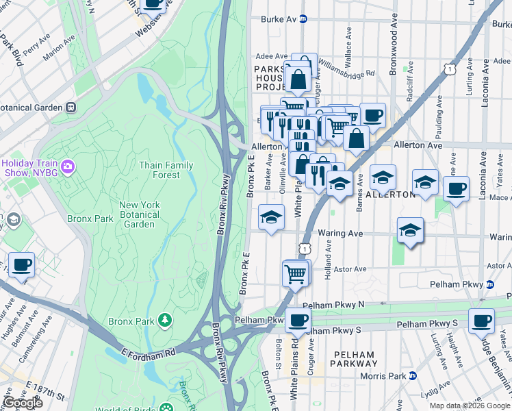map of restaurants, bars, coffee shops, grocery stores, and more near 2458 Bronx Park East in The Bronx