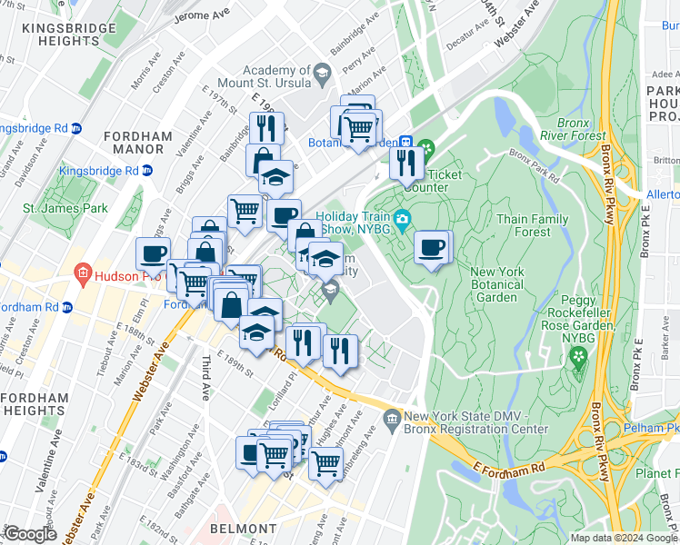 map of restaurants, bars, coffee shops, grocery stores, and more near in The Bronx