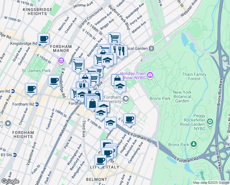 map of restaurants, bars, coffee shops, grocery stores, and more near 403 East Fordham Road in The Bronx