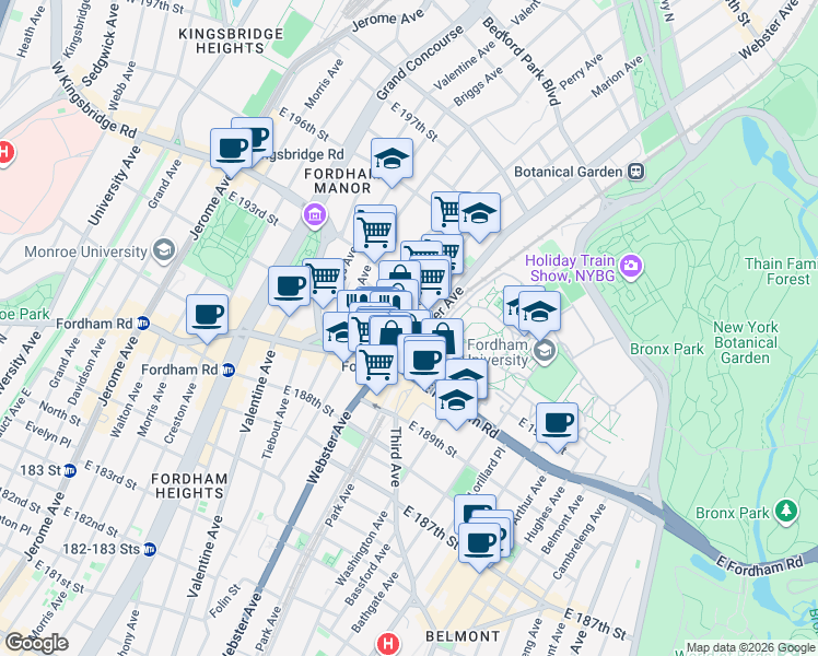 map of restaurants, bars, coffee shops, grocery stores, and more near 2603 Webster Avenue in Bronx