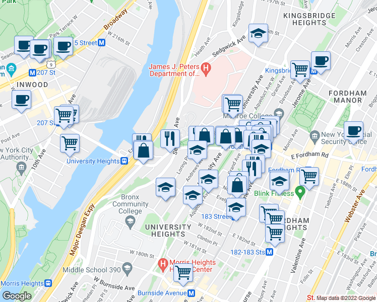 map of restaurants, bars, coffee shops, grocery stores, and more near 152 West Fordham Road in Bronx