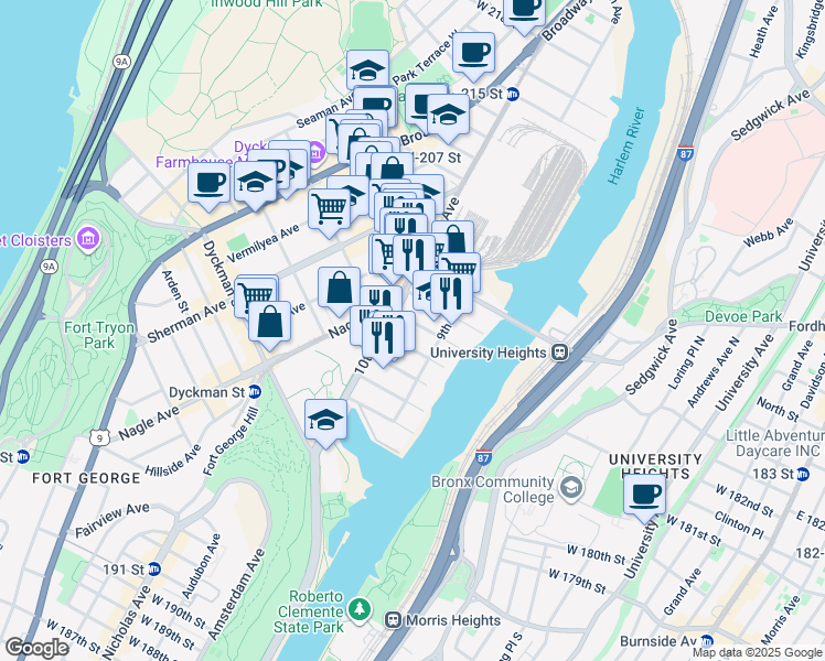 map of restaurants, bars, coffee shops, grocery stores, and more near 407 West 205th Street in New York