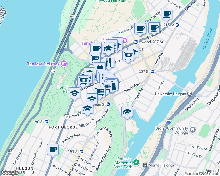 map of restaurants, bars, coffee shops, grocery stores, and more near 23 Post Avenue in New York