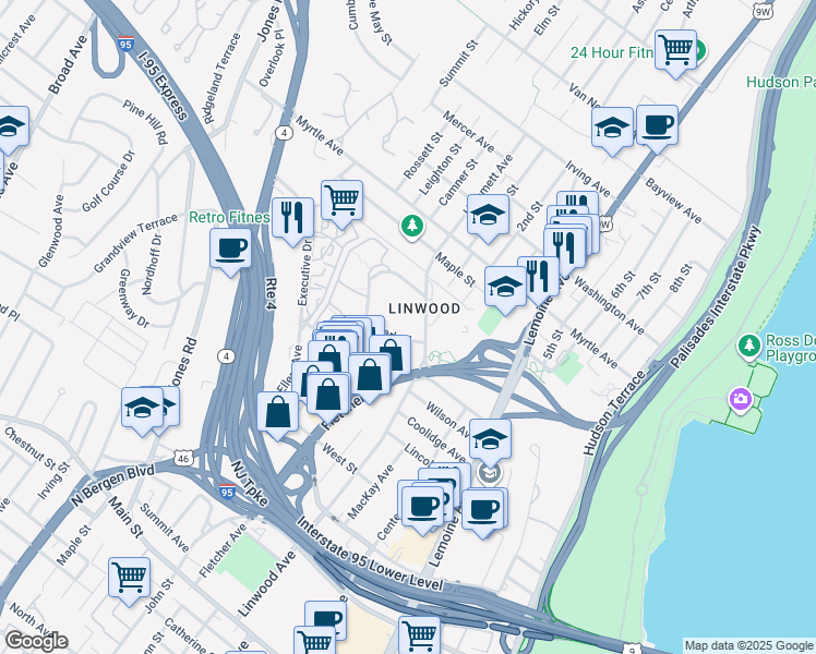 map of restaurants, bars, coffee shops, grocery stores, and more near 401 Park Place in Fort Lee