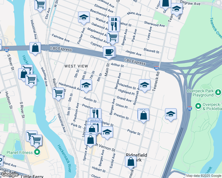 map of restaurants, bars, coffee shops, grocery stores, and more near 37 Hazelton Street in Ridgefield Park