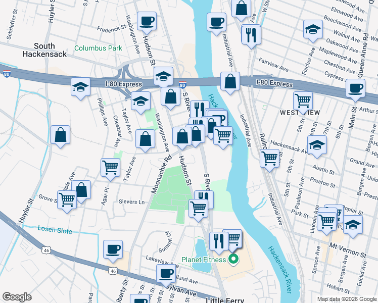 map of restaurants, bars, coffee shops, grocery stores, and more near 490 Gardner Place in Hackensack