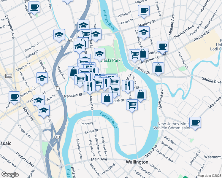 map of restaurants, bars, coffee shops, grocery stores, and more near 44 5th Street in Passaic