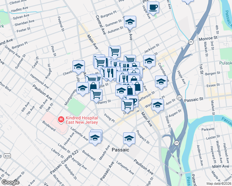 map of restaurants, bars, coffee shops, grocery stores, and more near 10 Martha Place in Passaic