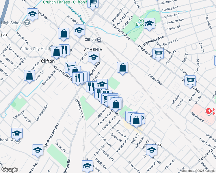 map of restaurants, bars, coffee shops, grocery stores, and more near 70 Monhegan Street in Clifton