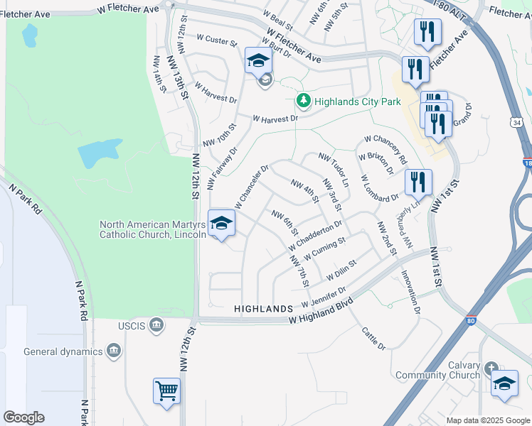 map of restaurants, bars, coffee shops, grocery stores, and more near 540 West Sally Street in Lincoln