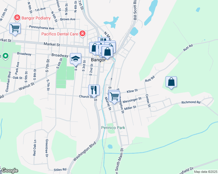 map of restaurants, bars, coffee shops, grocery stores, and more near 304 South Main Street in Bangor