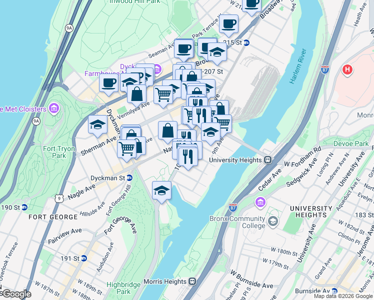 map of restaurants, bars, coffee shops, grocery stores, and more near 501 West 204th Street in New York