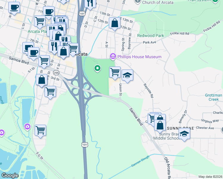 map of restaurants, bars, coffee shops, grocery stores, and more near 455 Union Street in Arcata