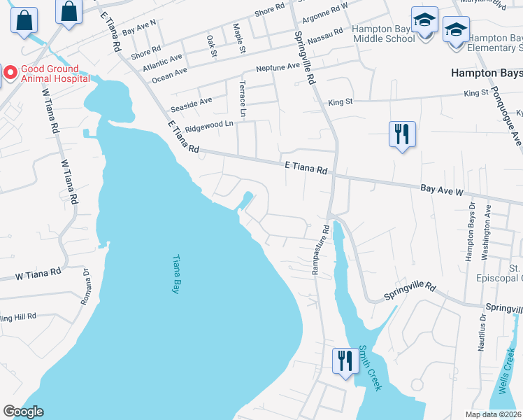map of restaurants, bars, coffee shops, grocery stores, and more near 40 Grant Boulevard in Hampton Bays