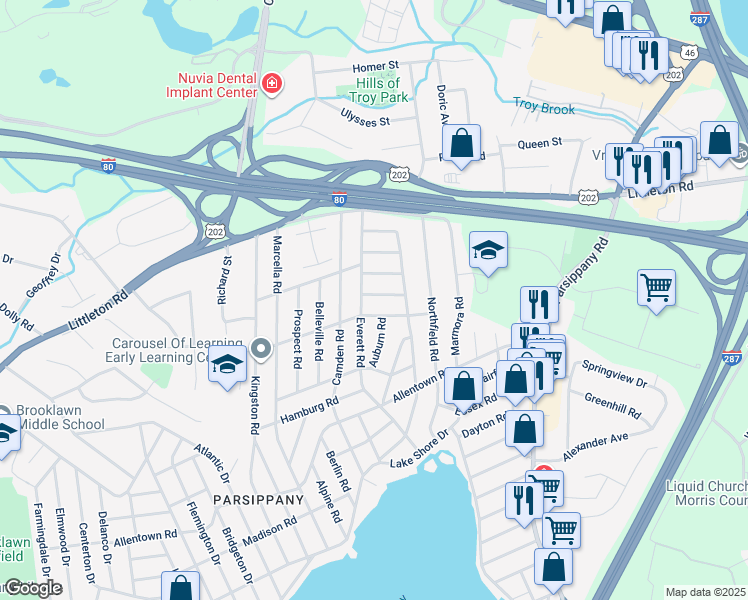 map of restaurants, bars, coffee shops, grocery stores, and more near 14 Hardwick Court in Parsippany-Troy Hills