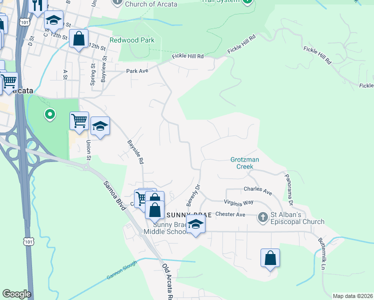 map of restaurants, bars, coffee shops, grocery stores, and more near 812-920 Shirley Blvd in Arcata