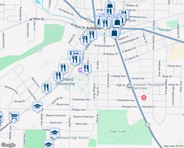 map of restaurants, bars, coffee shops, grocery stores, and more near 320 College Avenue in Ashland