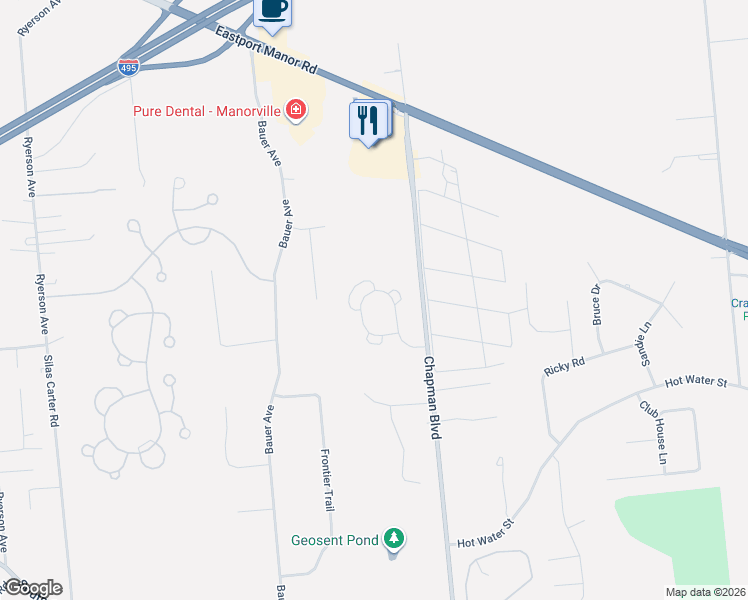 map of restaurants, bars, coffee shops, grocery stores, and more near 65 Cobbleridge Lane in Manorville