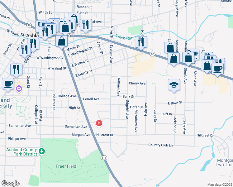 map of restaurants, bars, coffee shops, grocery stores, and more near 727 Heltman Avenue in Ashland