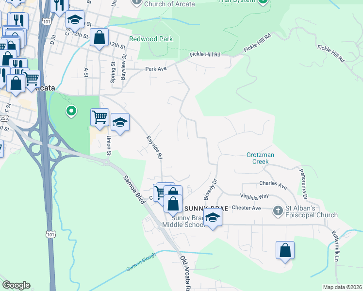 map of restaurants, bars, coffee shops, grocery stores, and more near 794 Patrick Court in Arcata