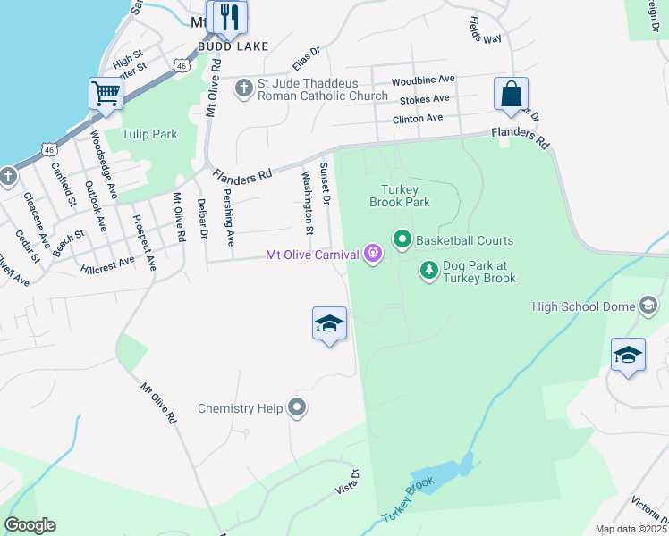 map of restaurants, bars, coffee shops, grocery stores, and more near Sunset Drive in Mount Olive