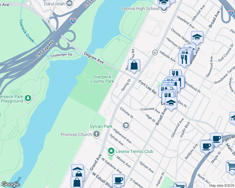 map of restaurants, bars, coffee shops, grocery stores, and more near 132 Spring Street in Leonia