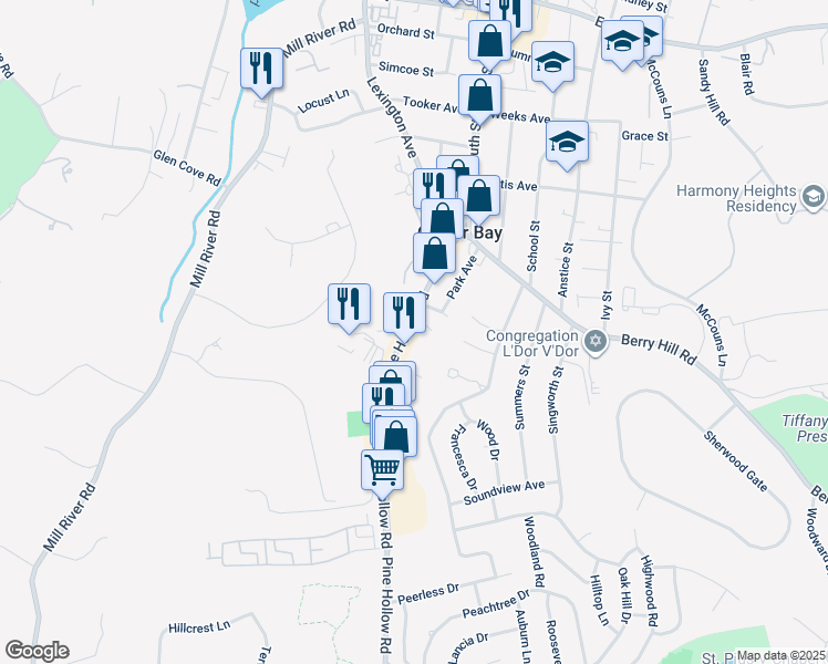 map of restaurants, bars, coffee shops, grocery stores, and more near 102 Pine Hollow Road in Oyster Bay