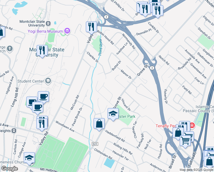 map of restaurants, bars, coffee shops, grocery stores, and more near 131 Country Lane in Clifton
