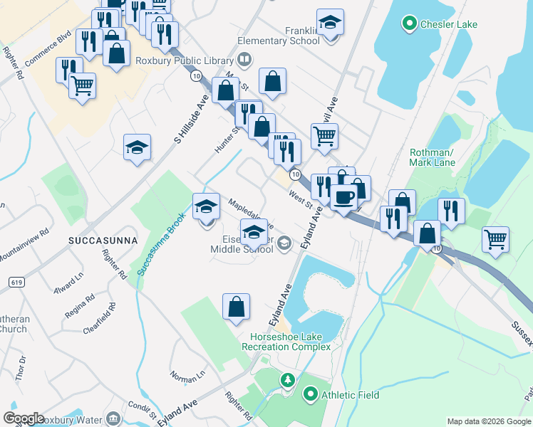map of restaurants, bars, coffee shops, grocery stores, and more near 10 Richards Avenue in Roxbury Township