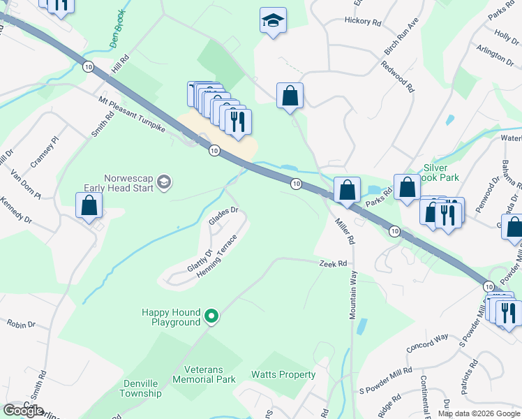 map of restaurants, bars, coffee shops, grocery stores, and more near 3027-3037 New Jersey 10 in Denville