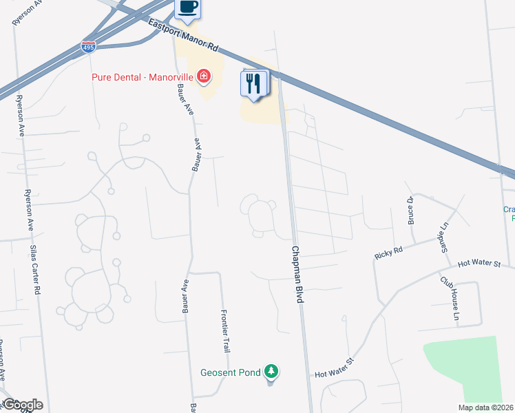 map of restaurants, bars, coffee shops, grocery stores, and more near 65 Cobbleridge Lane in Manorville