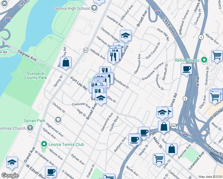 map of restaurants, bars, coffee shops, grocery stores, and more near 306 Beechwood Place in Leonia