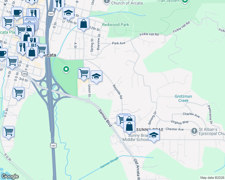 map of restaurants, bars, coffee shops, grocery stores, and more near 393 Bayside Road in Arcata