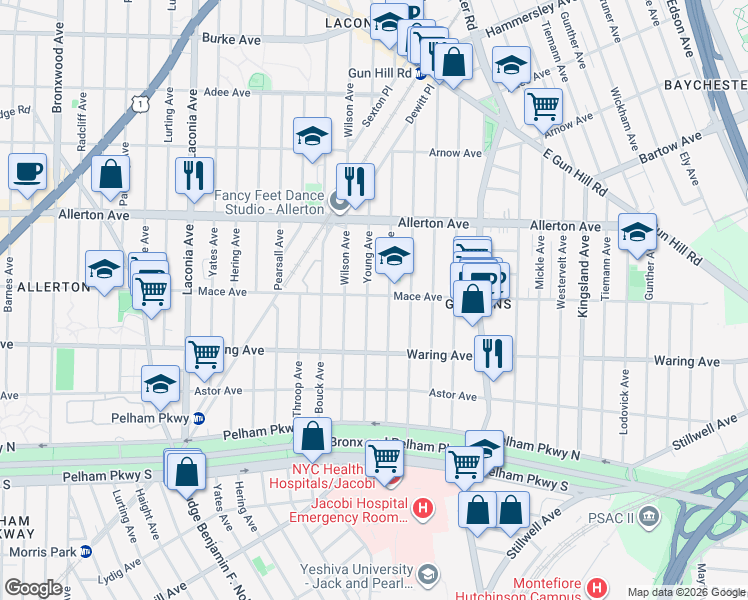 map of restaurants, bars, coffee shops, grocery stores, and more near 1325 Mace Avenue in Bronx