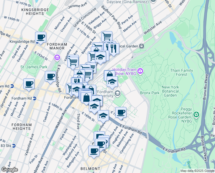 map of restaurants, bars, coffee shops, grocery stores, and more near 403 East Fordham Road in The Bronx