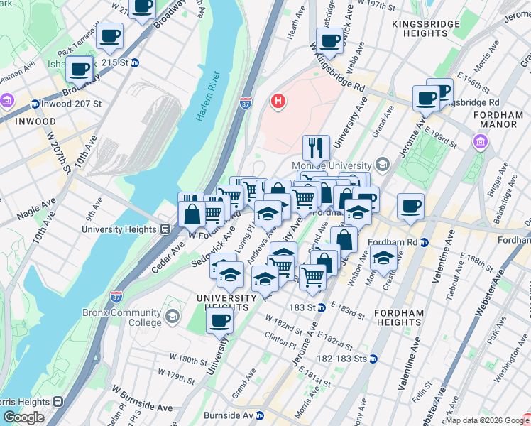map of restaurants, bars, coffee shops, grocery stores, and more near 172 West Fordham Road in The Bronx