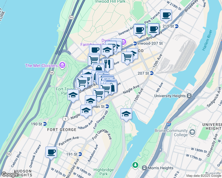 map of restaurants, bars, coffee shops, grocery stores, and more near 23 Post Avenue in New York