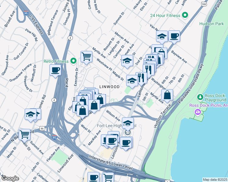 map of restaurants, bars, coffee shops, grocery stores, and more near 2348-2352 Linwood Avenue in Fort Lee