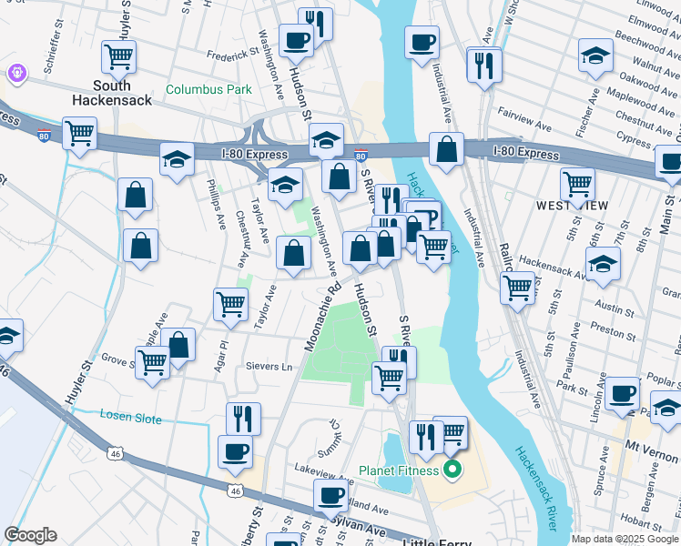 map of restaurants, bars, coffee shops, grocery stores, and more near 487 Hudson Street in Hackensack
