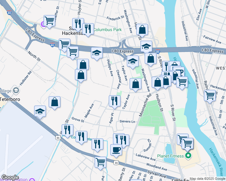 map of restaurants, bars, coffee shops, grocery stores, and more near 482 Chestnut Avenue in South Hackensack