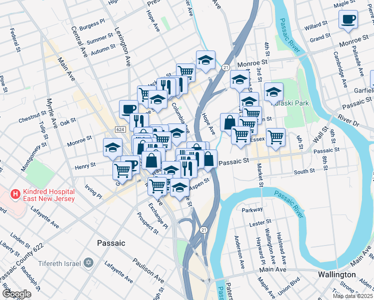 map of restaurants, bars, coffee shops, grocery stores, and more near 117 Jefferson Street in Passaic